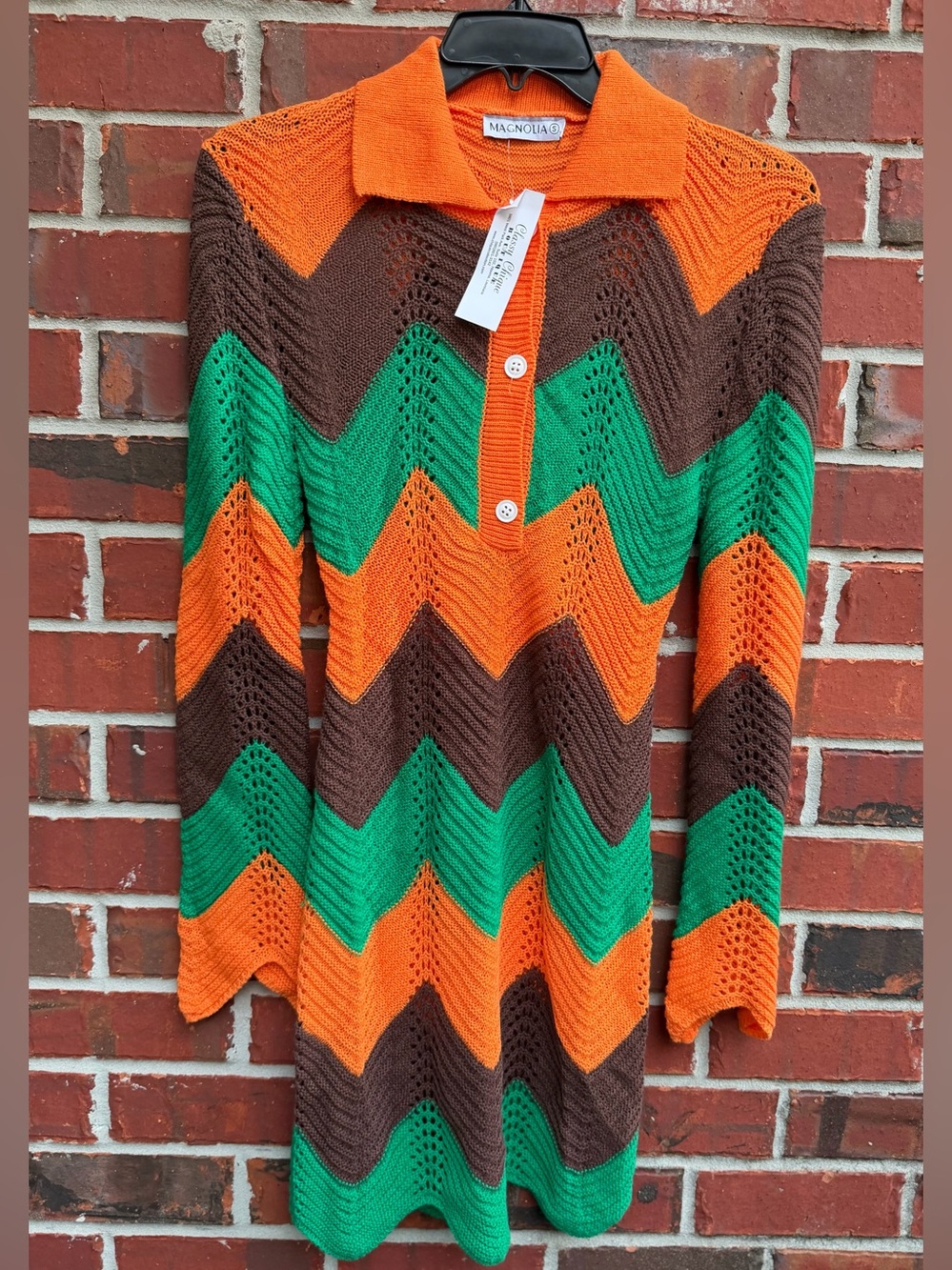 NWT Magnolia Small Orange Green Brown Zig Zag Chevron Knit Polo Sweater Dress P4